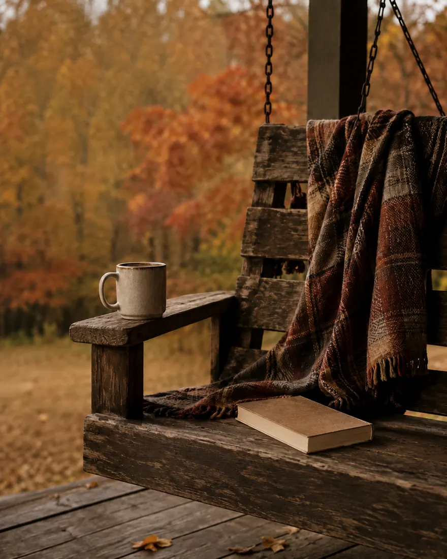 A wooden porch swing with a plaid blanket, a mug on the arm and a closed book on the seat, autumn maples behind
