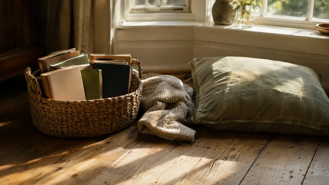 A woven basket of books beside a folded knit blanket and a floor cushion in a sunlit bay window
