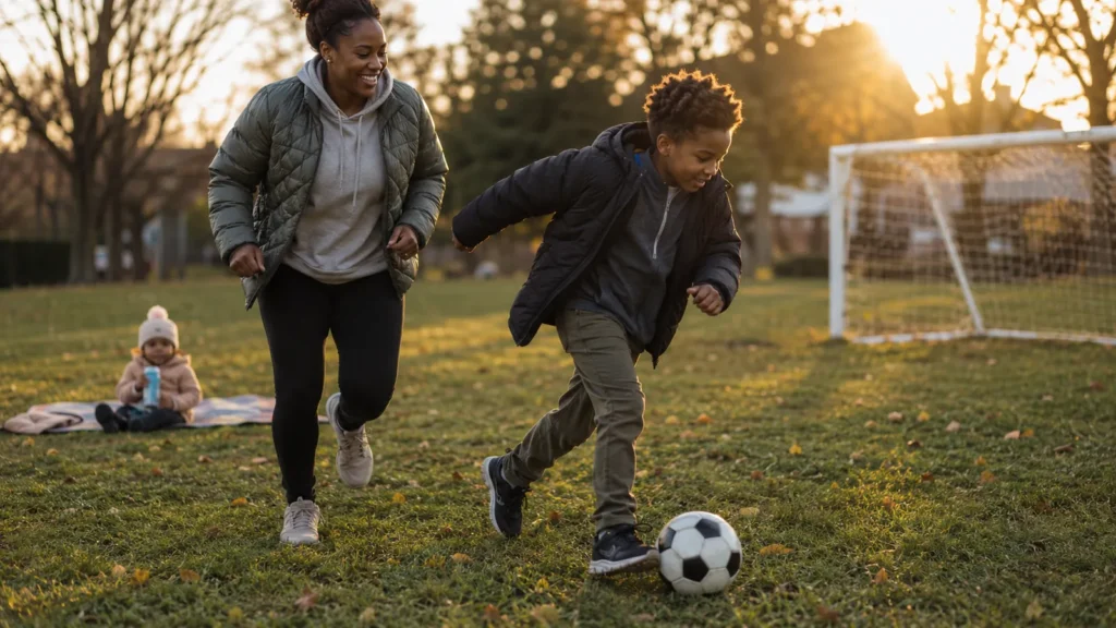 A mother and son run after a soccer ball in a park at sunset while a toddler watches from a blanket nearby