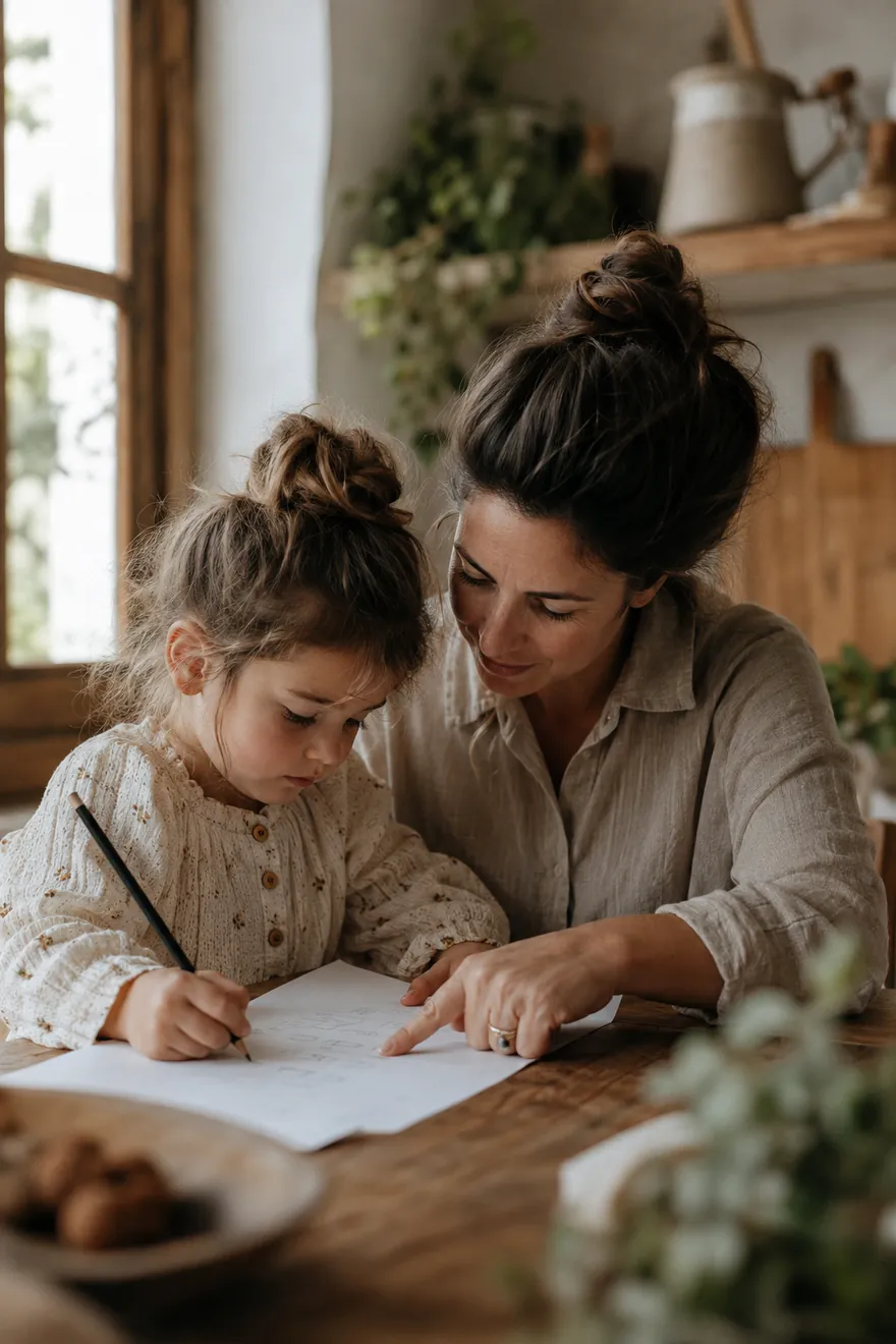 A mother points at a hand-drawn shape on paper while her young daughter draws with a pencil at a kitchen table