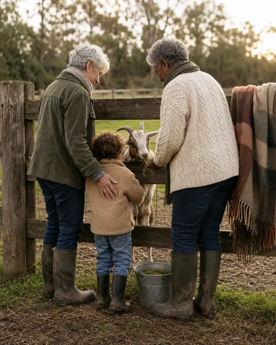 Two grandparents crouch outside with a toddler in the late afternoon light