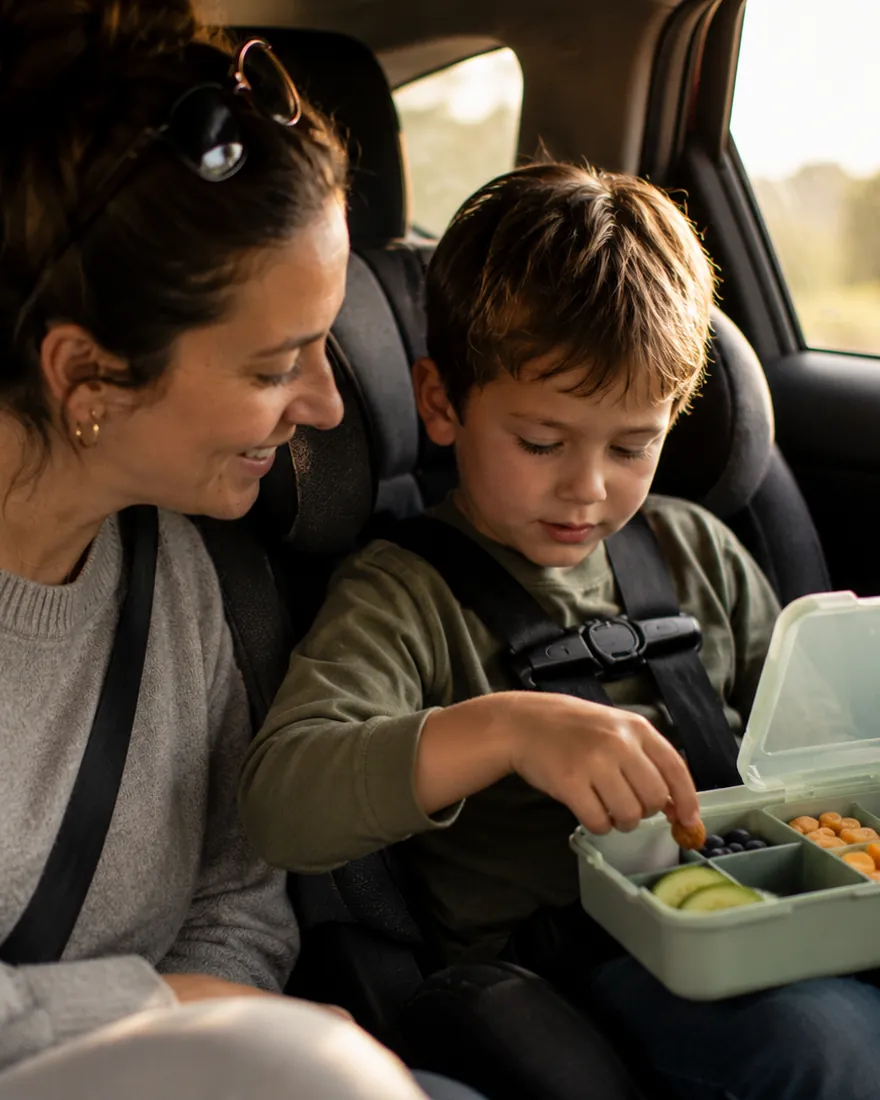 A mother watches her son in a car seat pick food from a compartment snack box during a road trip stop