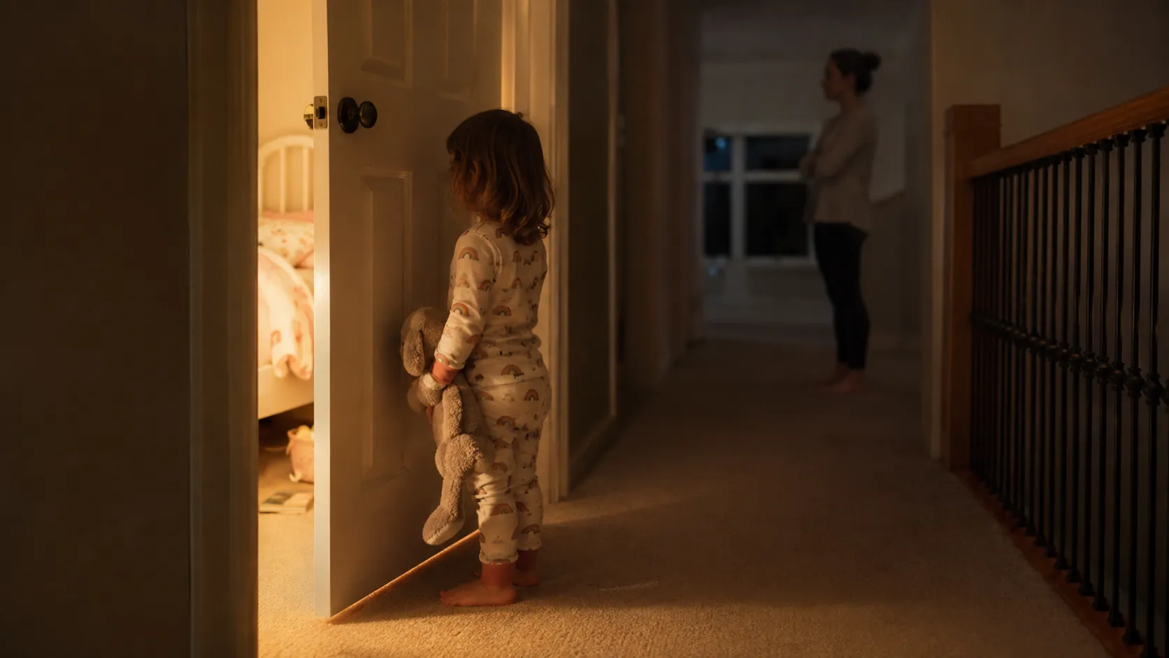 Toddler in pajamas holding a stuffed bear at a bedroom doorway while a parent walks away down the hallway at night