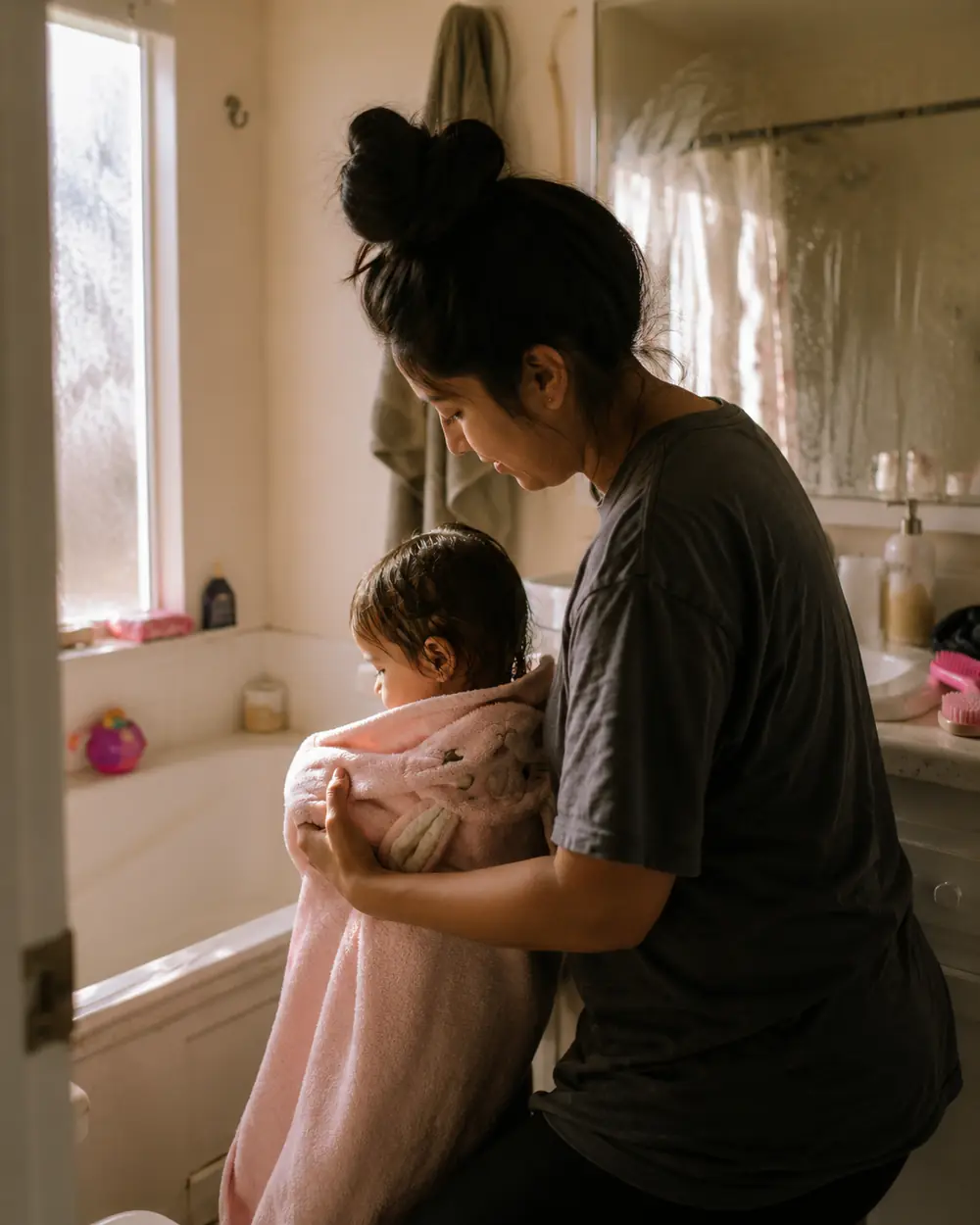 A toddler wrapped in a hooded towel after a short warm bath