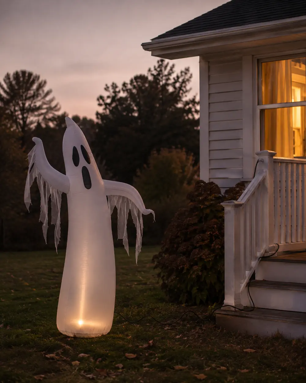 A tall white inflatable ghost lit from inside on a front lawn beside a porch at twilight
