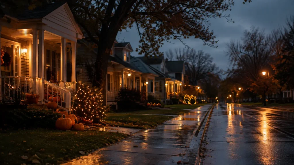 A quiet suburban street at dusk after rain with lit porches, pumpkins and string lights