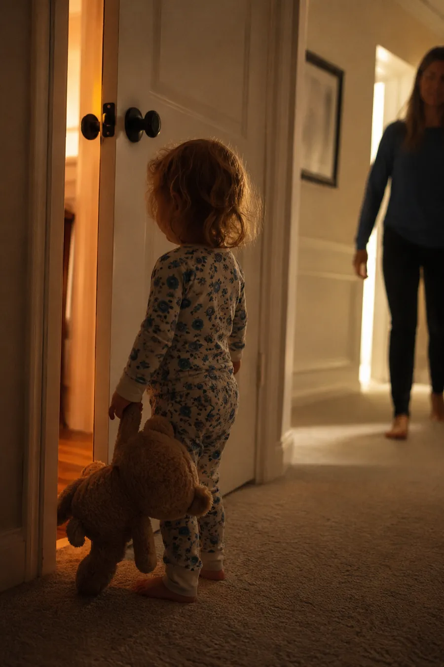 A toddler in soft floral cotton pajamas holds a teddy bear in a hallway as a parent approaches