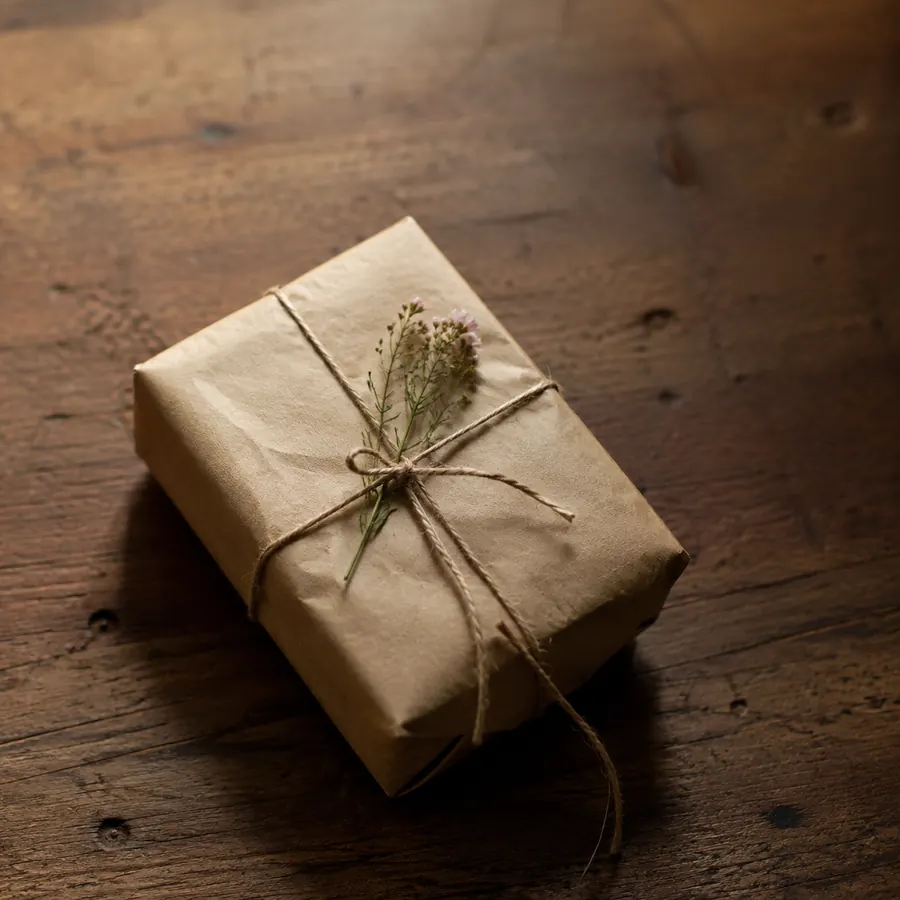 Small gift wrapped in plain kraft paper and twine with a sprig of wildflower tucked under the knot on a wood table