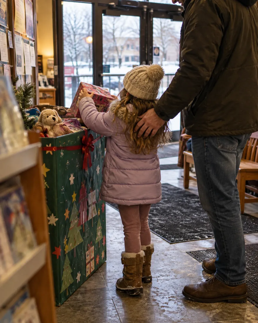 A girl in a lavender coat lifts a wrapped gift into a green Christmas donation bin while her father steadies her shoulder