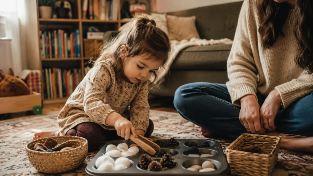 A mother and toddler sorting pebbles and pine cones into a muffin tin on a playroom floor