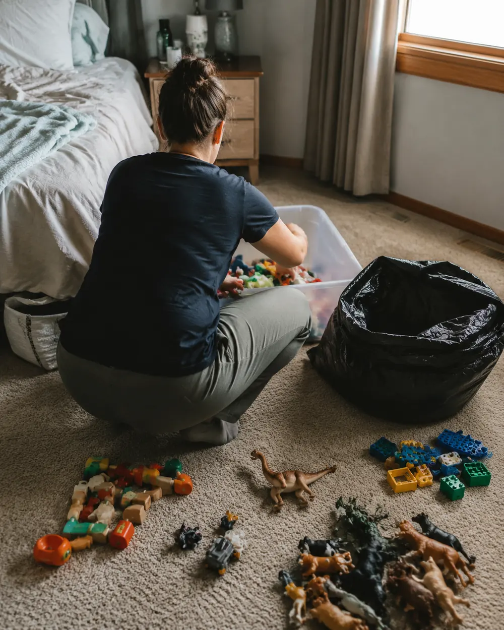 A toy box tipped out on a living room floor with the contents being sorted into piles