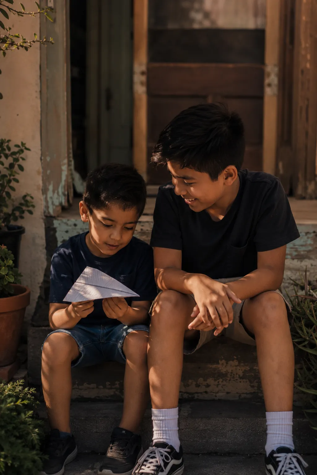 Two boys sit side by side on porch steps folding paper airplanes