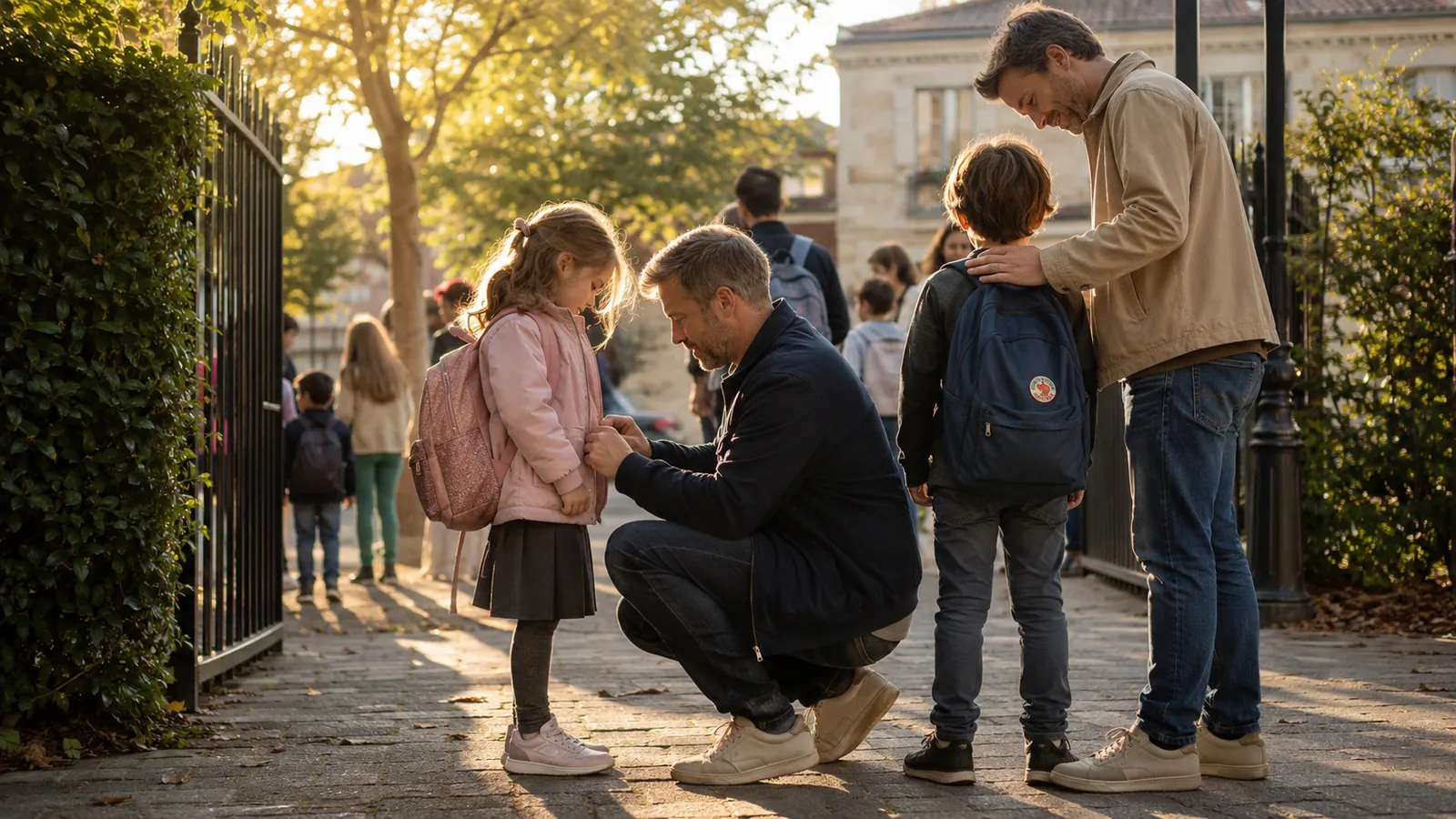 Two dads crouch to say goodbye to their kids at a school gate in golden light