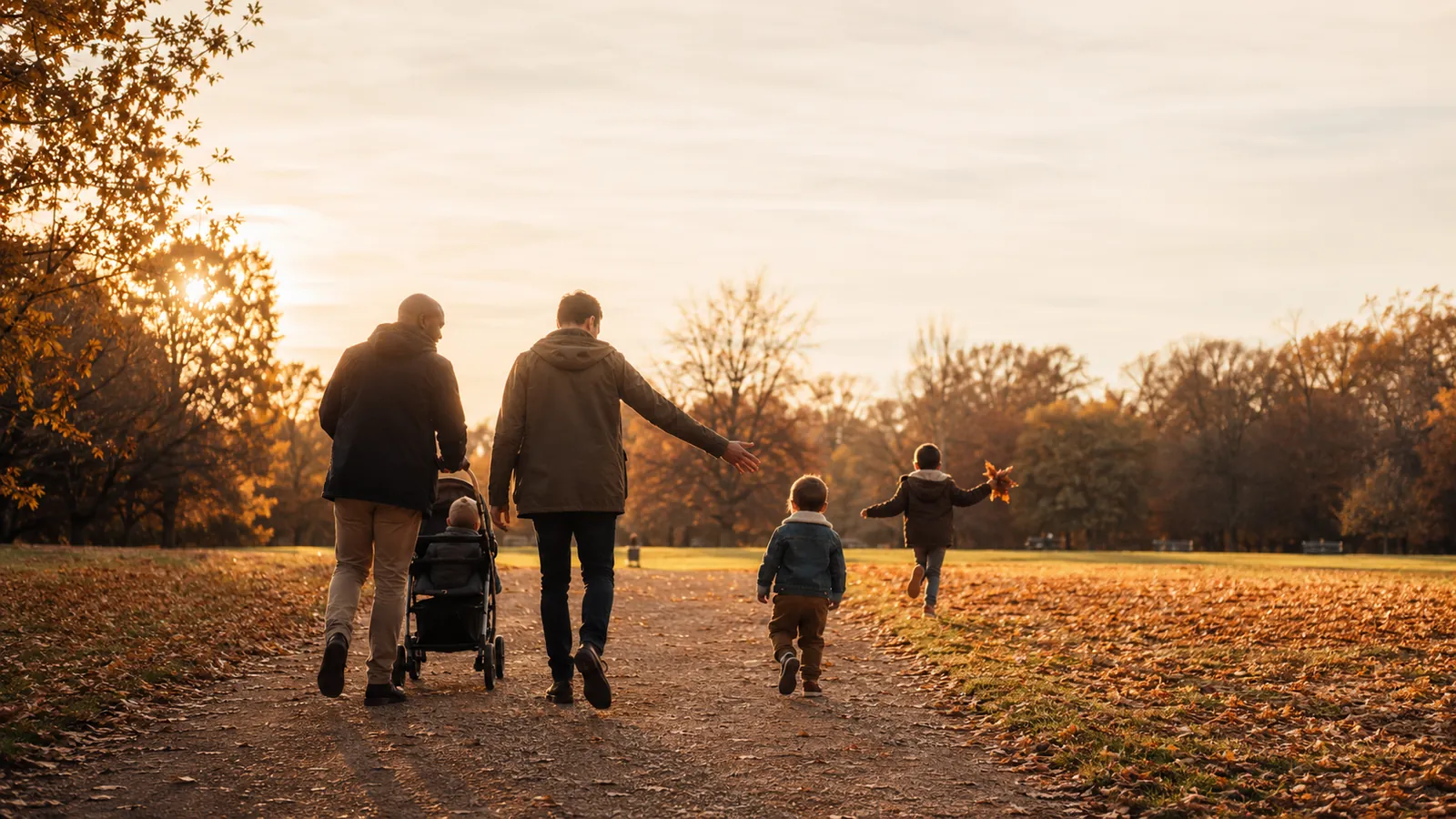 A family walks through an autumn park at sunset with a stroller