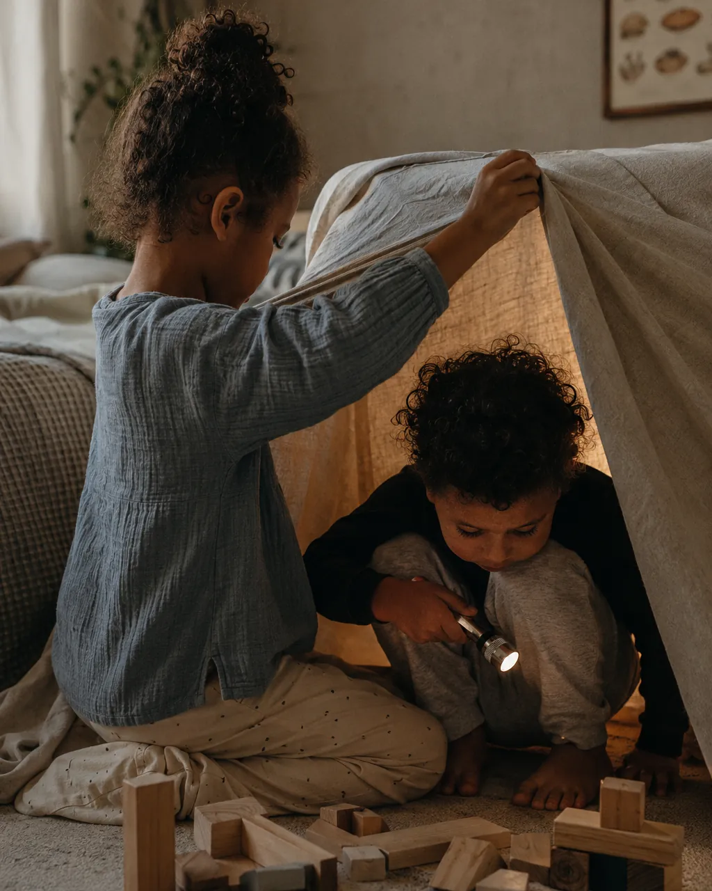 Two kids play by flashlight inside a blanket fort