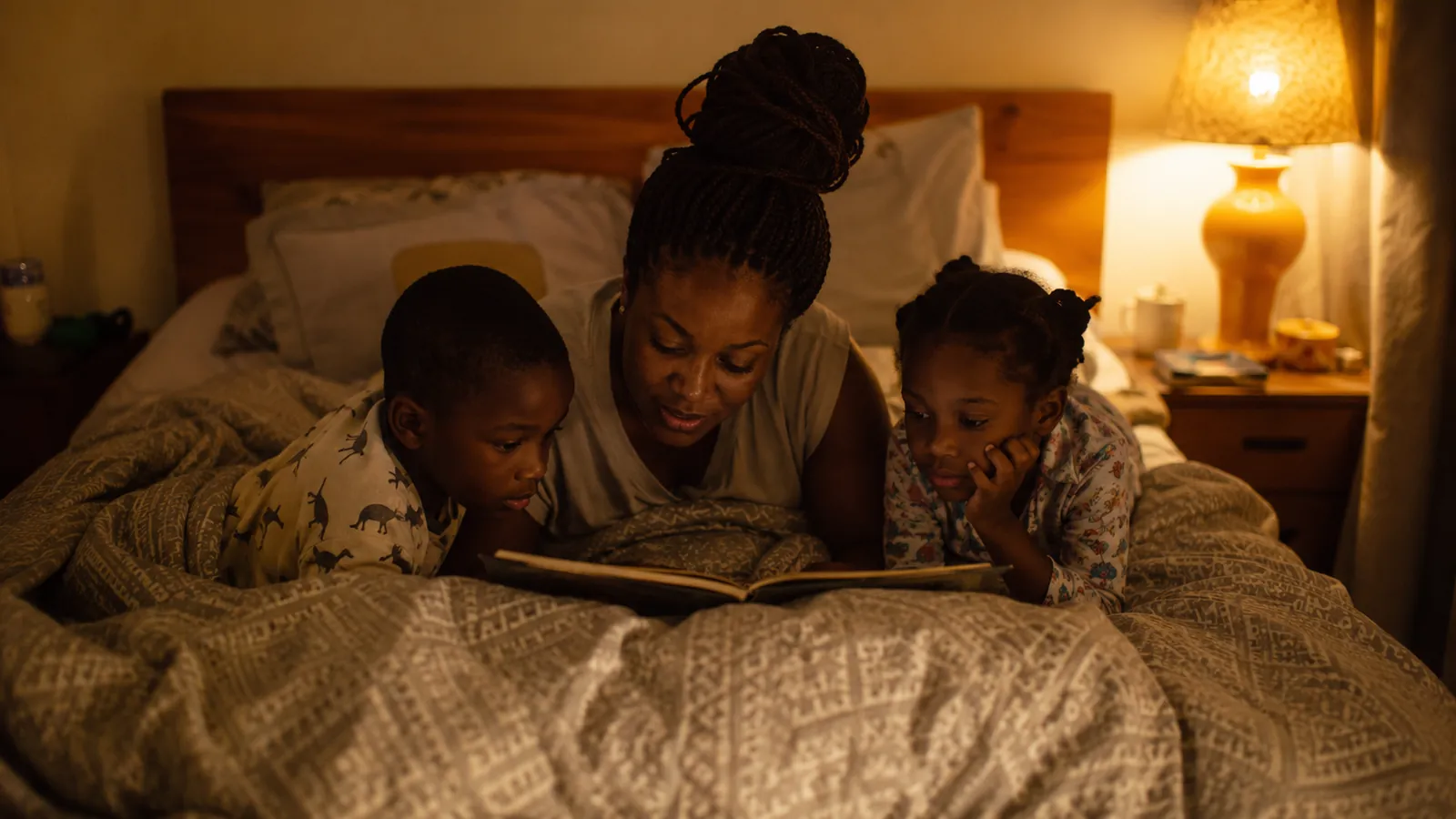 A mom reads a book to two kids tucked in bed beside her under a warm lamp