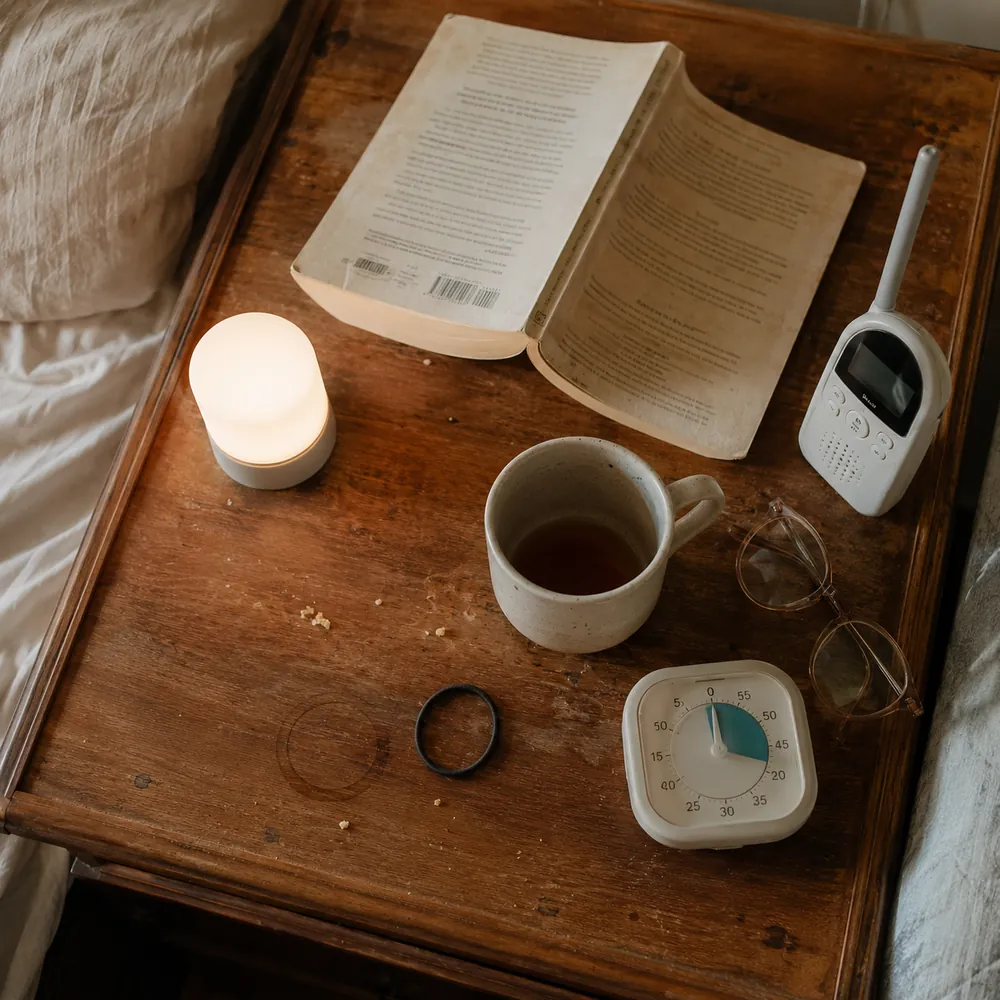Wooden nightstand with a glowing night light, baby monitor, mug of tea, open paperback, glasses and a visual timer