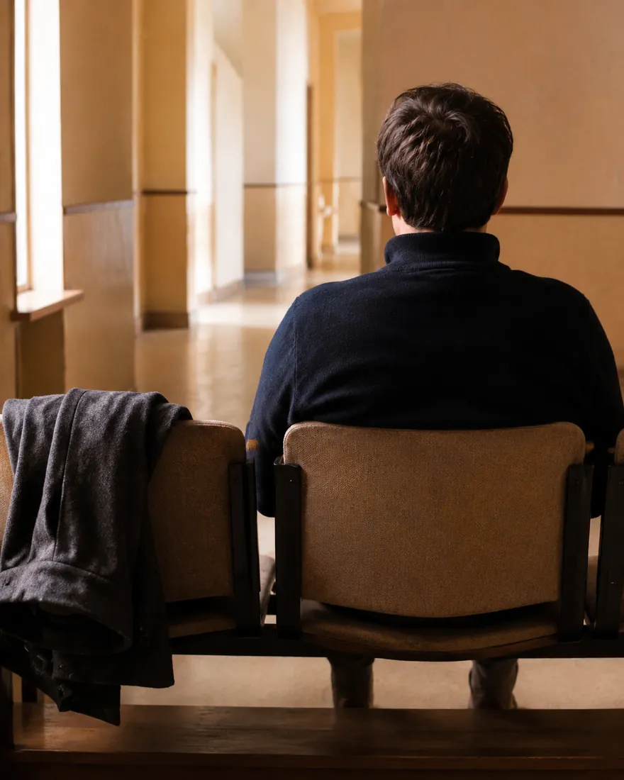 Adult in a navy sweater seen from behind on a waiting-room bench, a coat draped over the next seat, sunlit hallway ahead