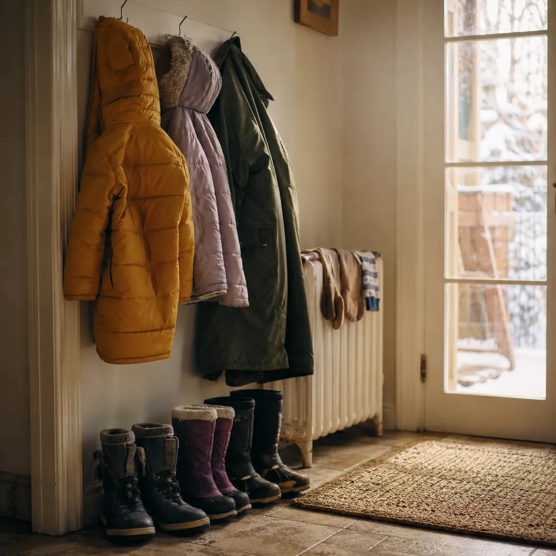 Kids' winter coats and snow boots lined up in a home entryway with mittens drying on a radiator by the door