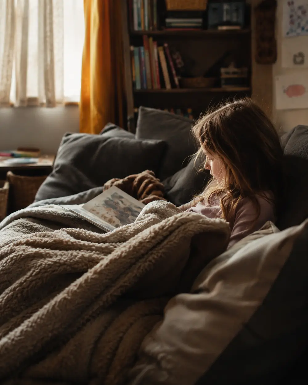 A child wrapped in a blanket on the sofa with a glass of water on the table beside them