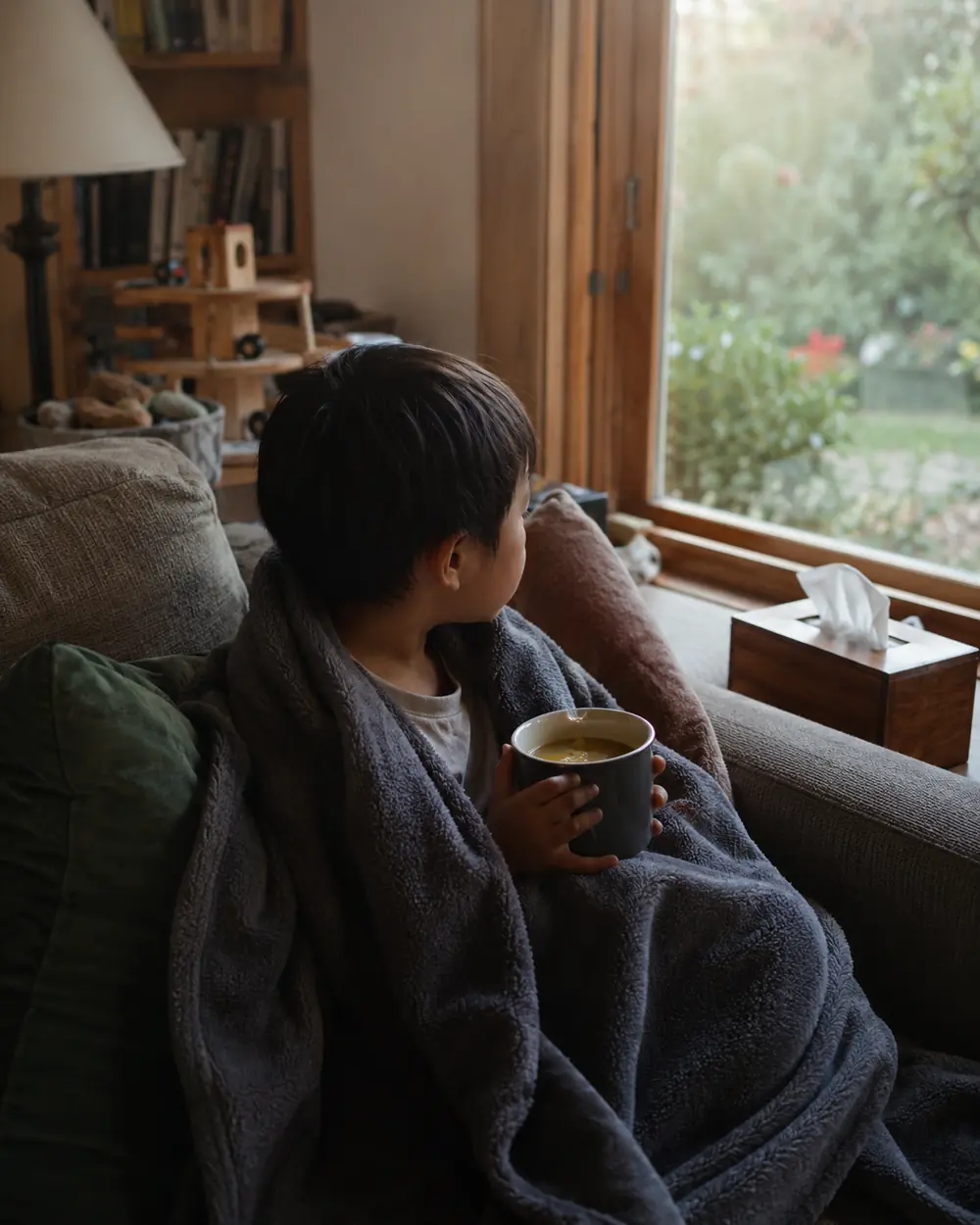A child wrapped in a blanket on a sofa by a window holding a warm mug, tissues nearby