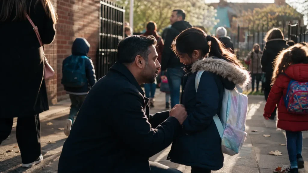 A dad kneeling to hug his daughter goodbye at a busy school gate on a cold morning, other kids with backpacks around