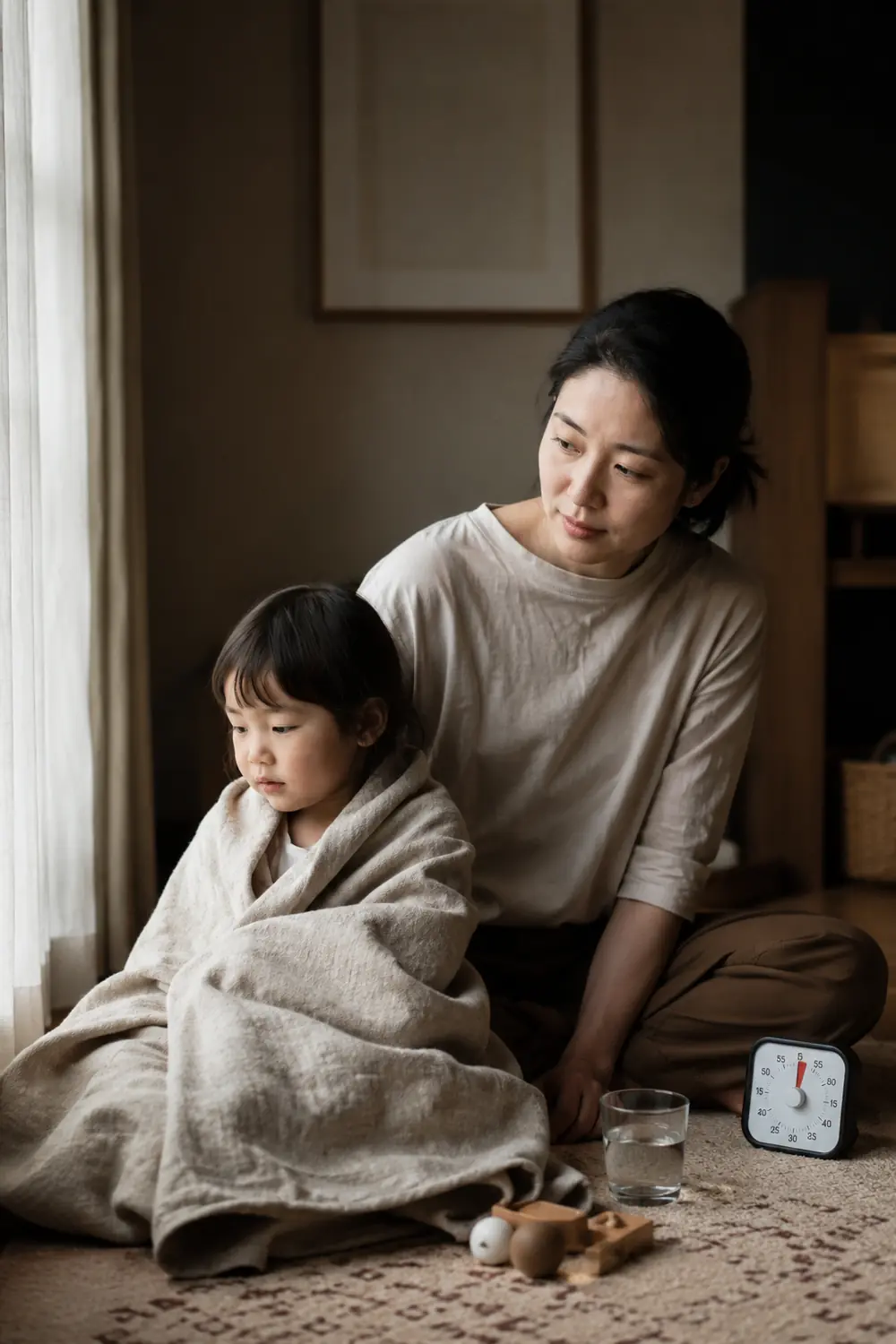 A mom sitting on the floor beside her young daughter who is wrapped in a blanket, a small timer and a glass of water nearby
