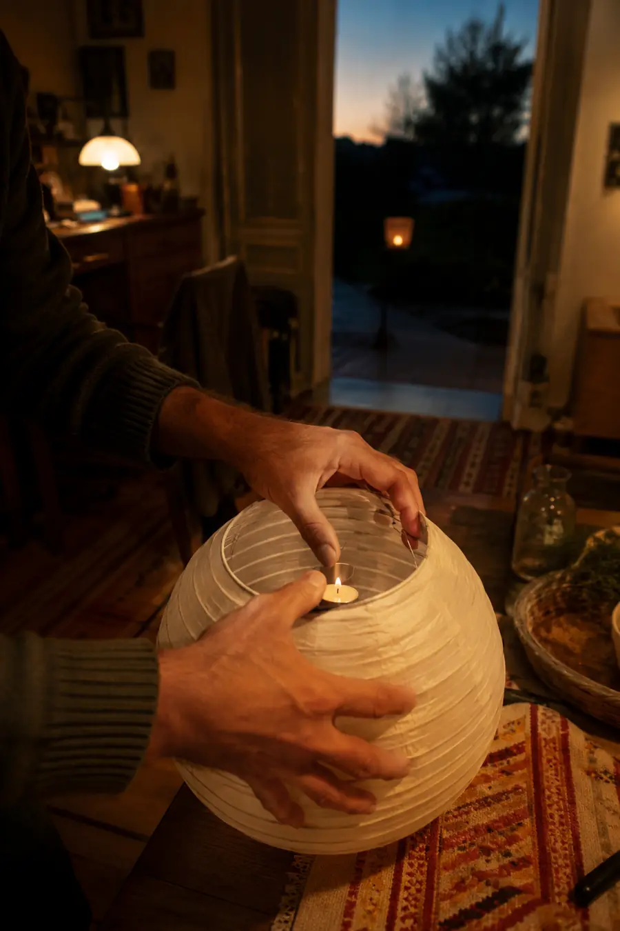 A tealight being lowered into a handmade paper lantern