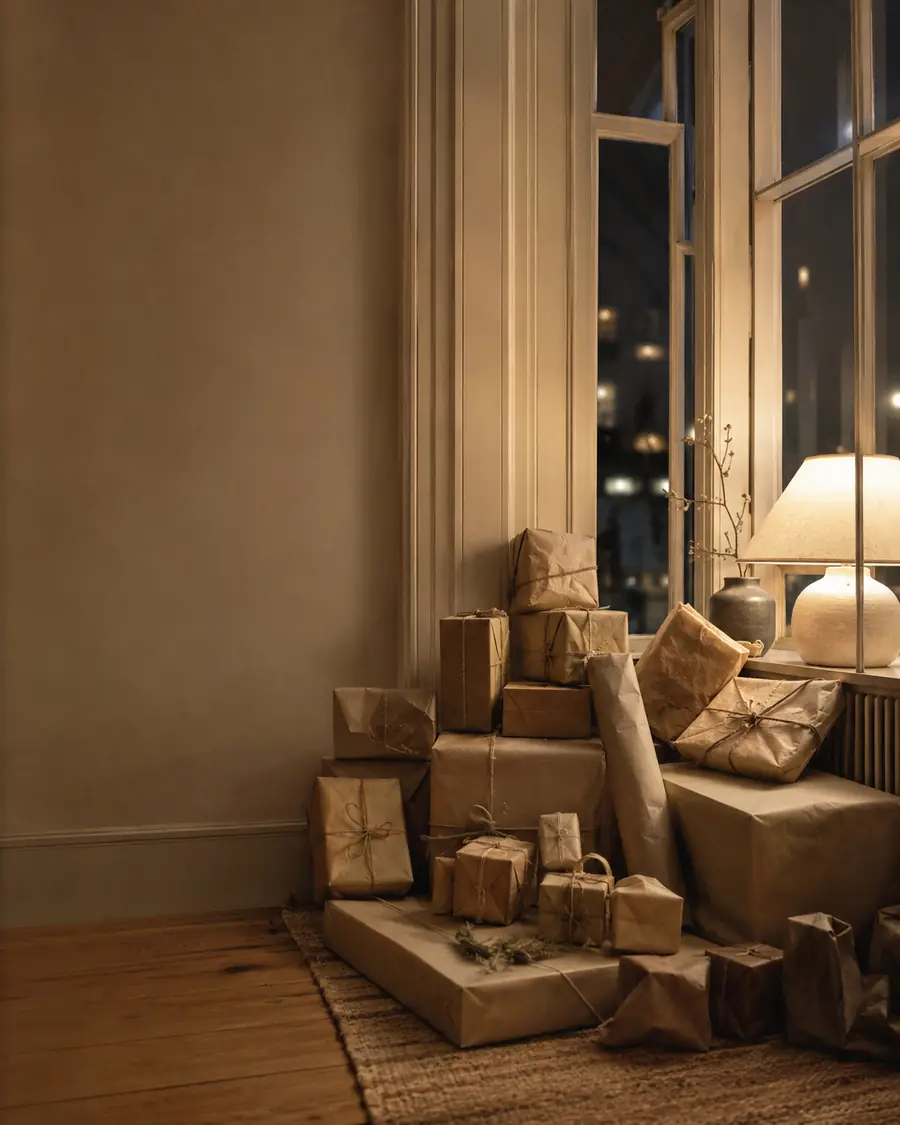 Presents wrapped in plain brown paper and string stacked by a window at dusk